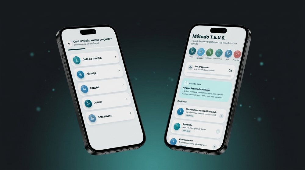 Telas do app: escolha de refeição e Método T.E.U.S.